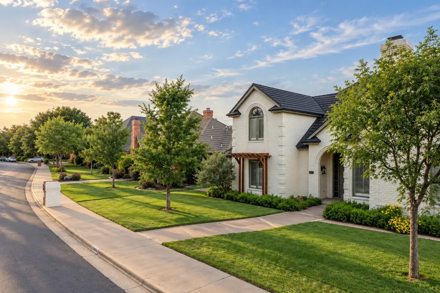 A curving residential street at sunset, with a white brick house behind young shade trees.