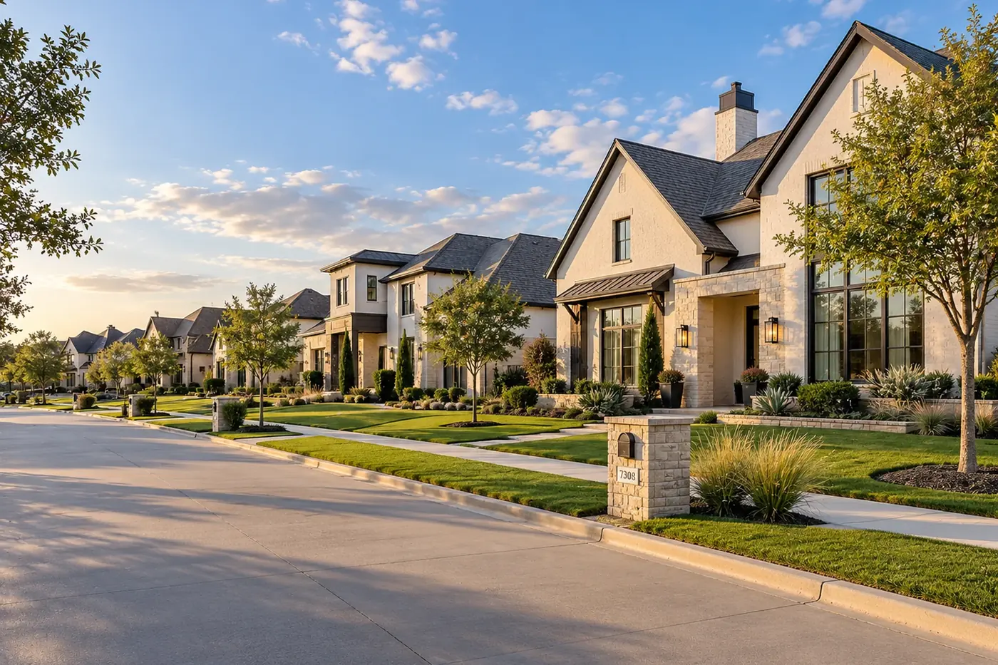 A street of newly built stone and stucco homes with clipped lawns in evening light.