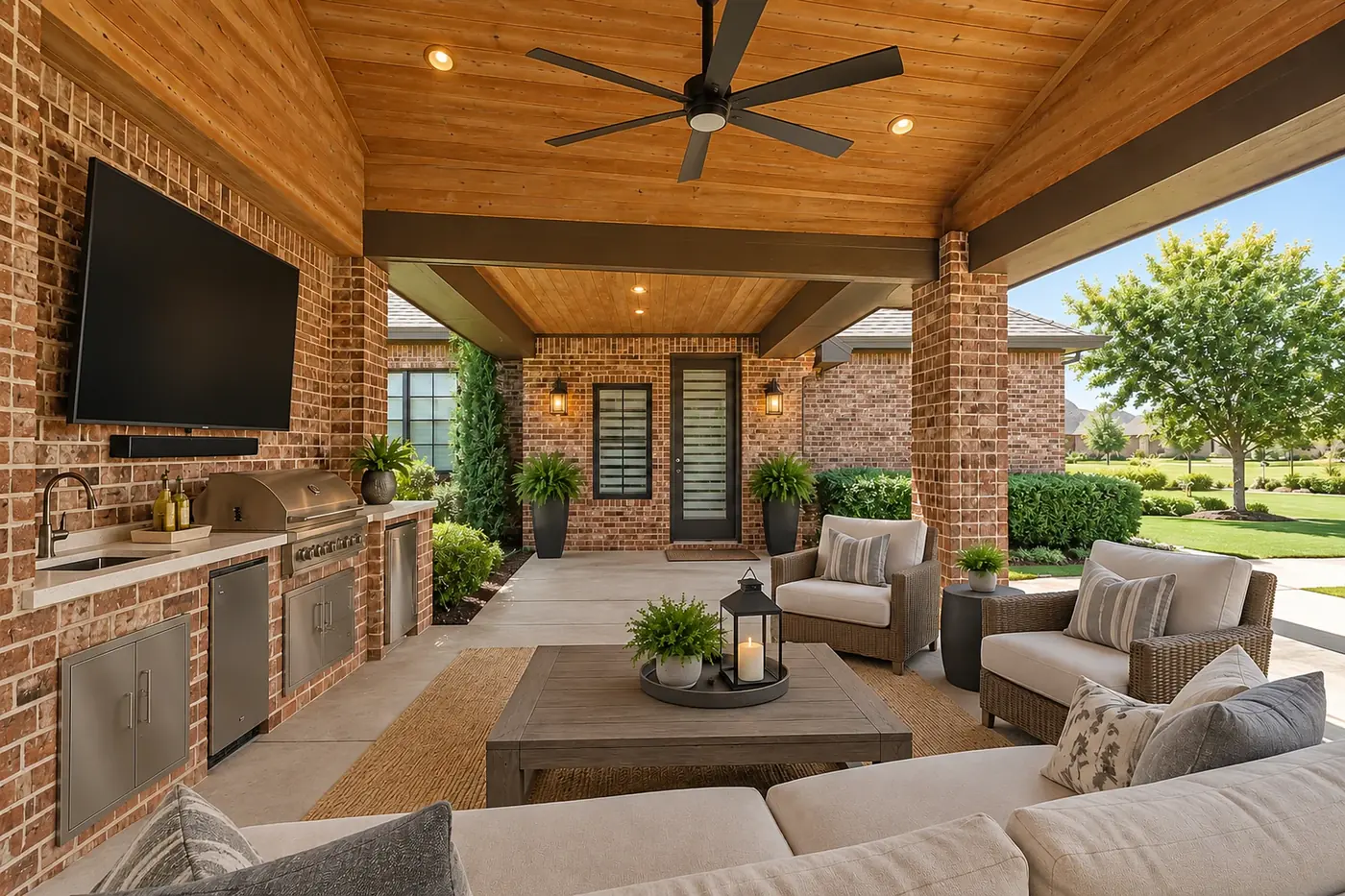 A covered brick patio with an outdoor kitchen, wicker seating and a lawn beyond.