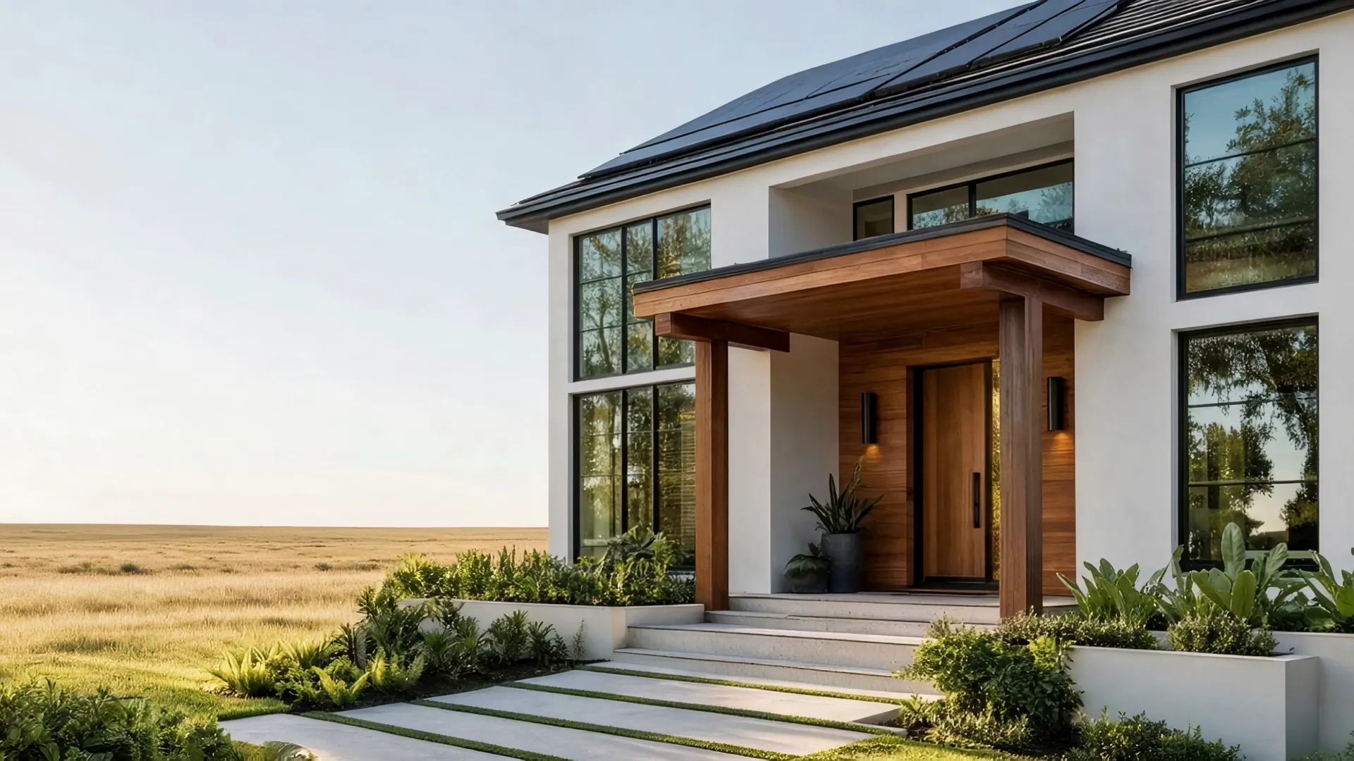 A white stucco and timber house at the edge of open prairie grass in evening light.