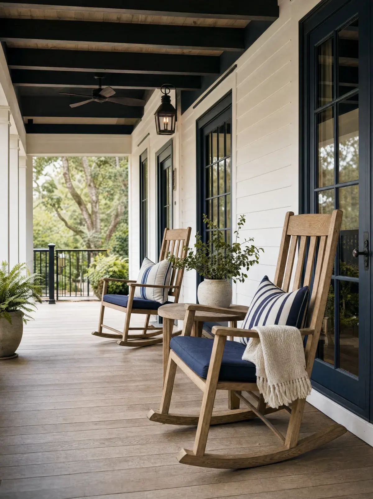 A shaded back porch with oak rocking chairs.